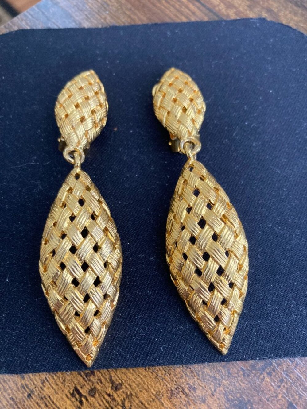 Vintage Large Goltone Clip Earrings Basket Weave